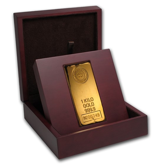 APMEX Wood Gift Box - 1 kilo RCM Gold Bar (Cast) APMEX Wood Gift Box - 1 kilo RCM Gold Bar (Cast)